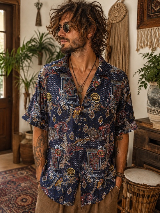Murano Other - Murano Men’s Large Slim Fit Camp Collar Short Sleeve Paisley Floral Boho Button-